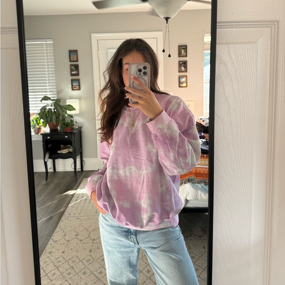 Urban Outfitters Pink and Purple Butterfly Design Tie-Dye Crew Neck